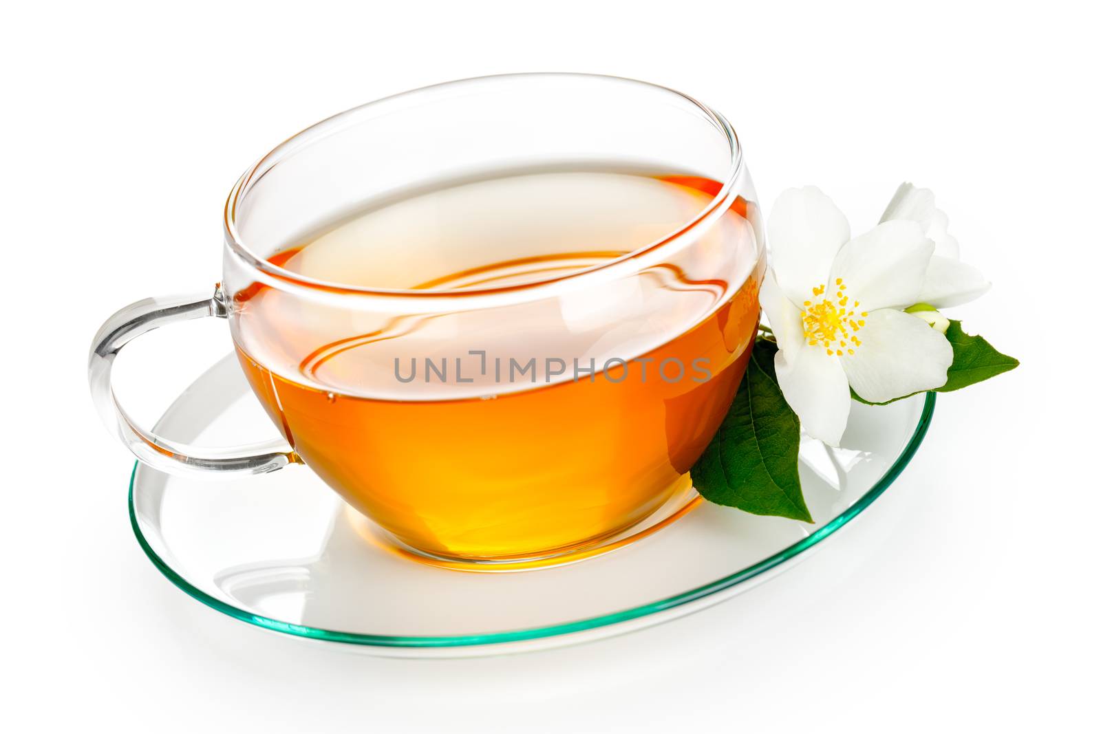 Jasmine tea with jasmine herb flower on white background 