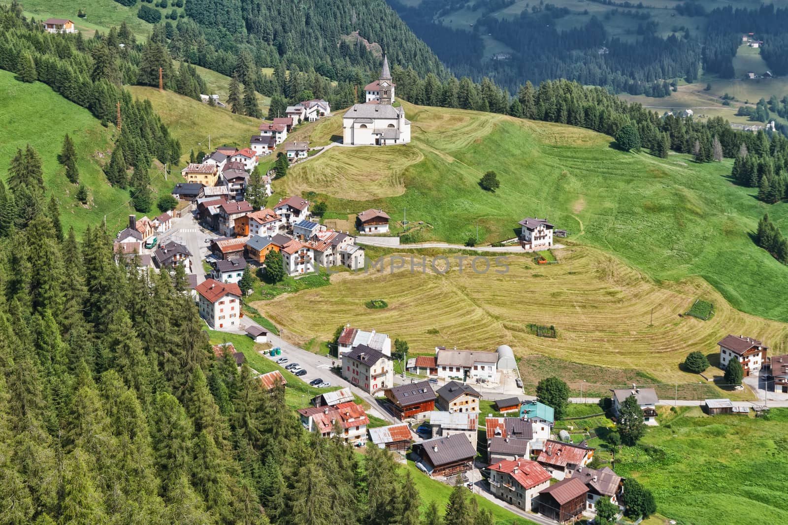 aerial view of Laste village and Cordevole valley from Sass de Rocia, Italian Dolomites