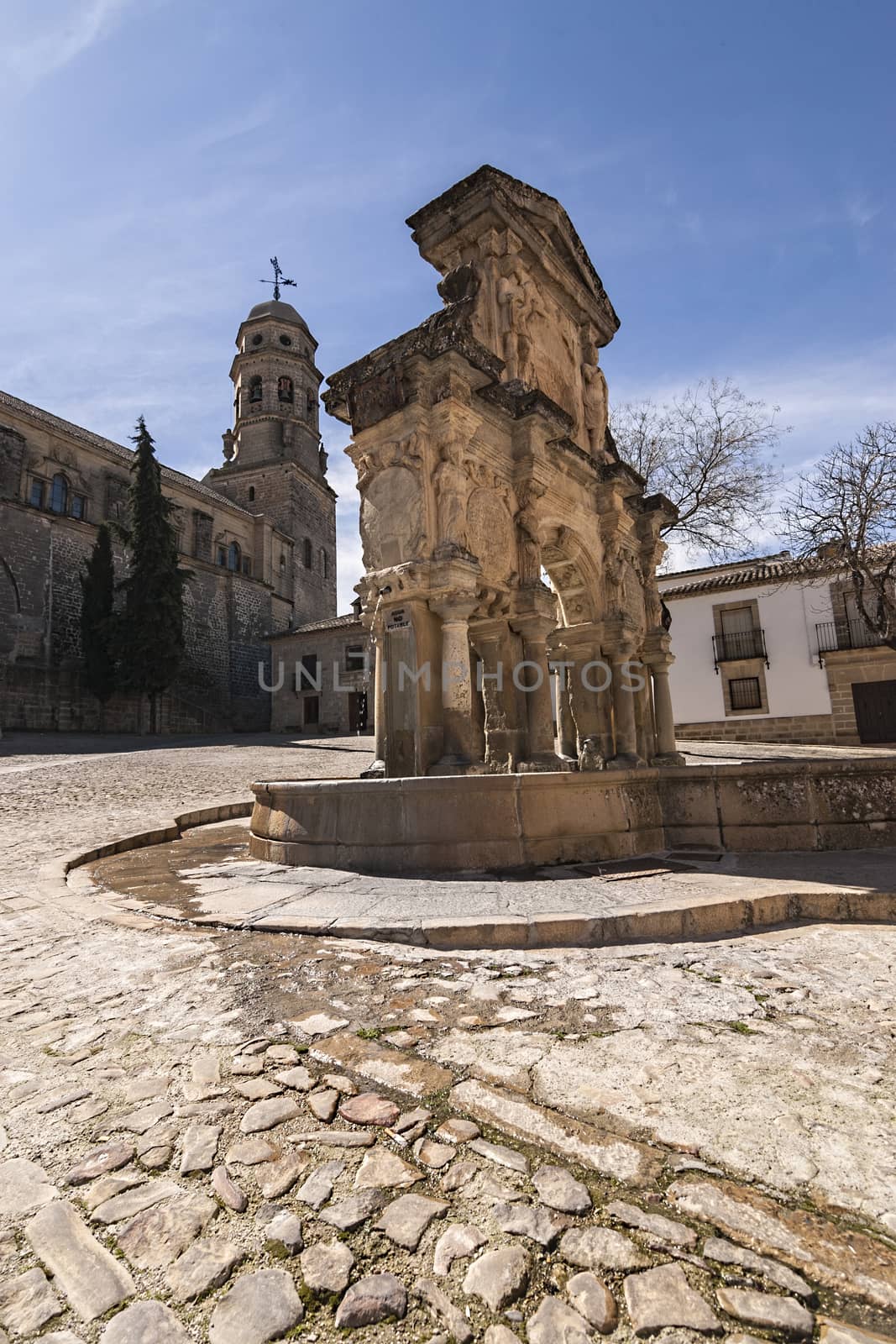 Baeza, Jaen province, SPAIN - 9 march 2014: Fountain and St. Philip Neri Seminary in the Plaza Santa Maria, Baeza, Jaen Province, Andalusia, Spain