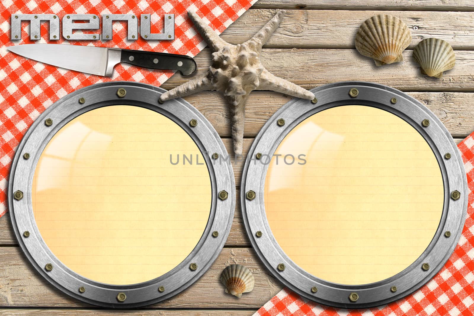 Two metal portholes, kitchen knife and red checked tablecloth, seashells and starfish, template for recipes or seafood menu