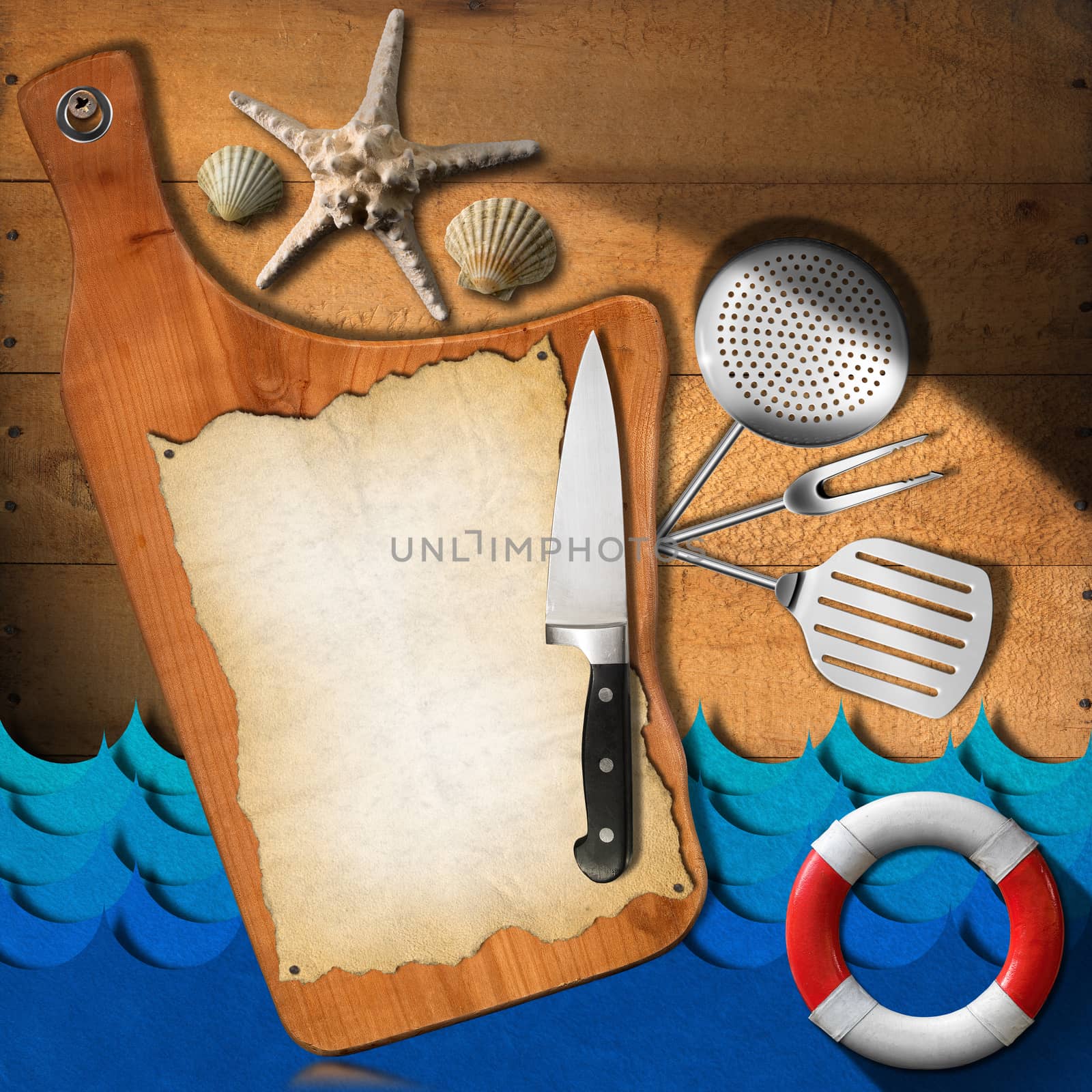 Cutting board on a wooden wall with empty parchment, kitchen utensils, lifebuoy, stylized waves, seashells and starfish. Template for seafood menu