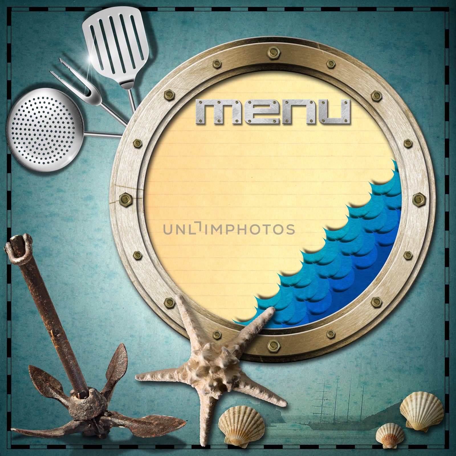 Metal porthole with blue waves, yellow paper and written Menu on blue background with seashells, starfish, rusty anchor and kitchen utensils