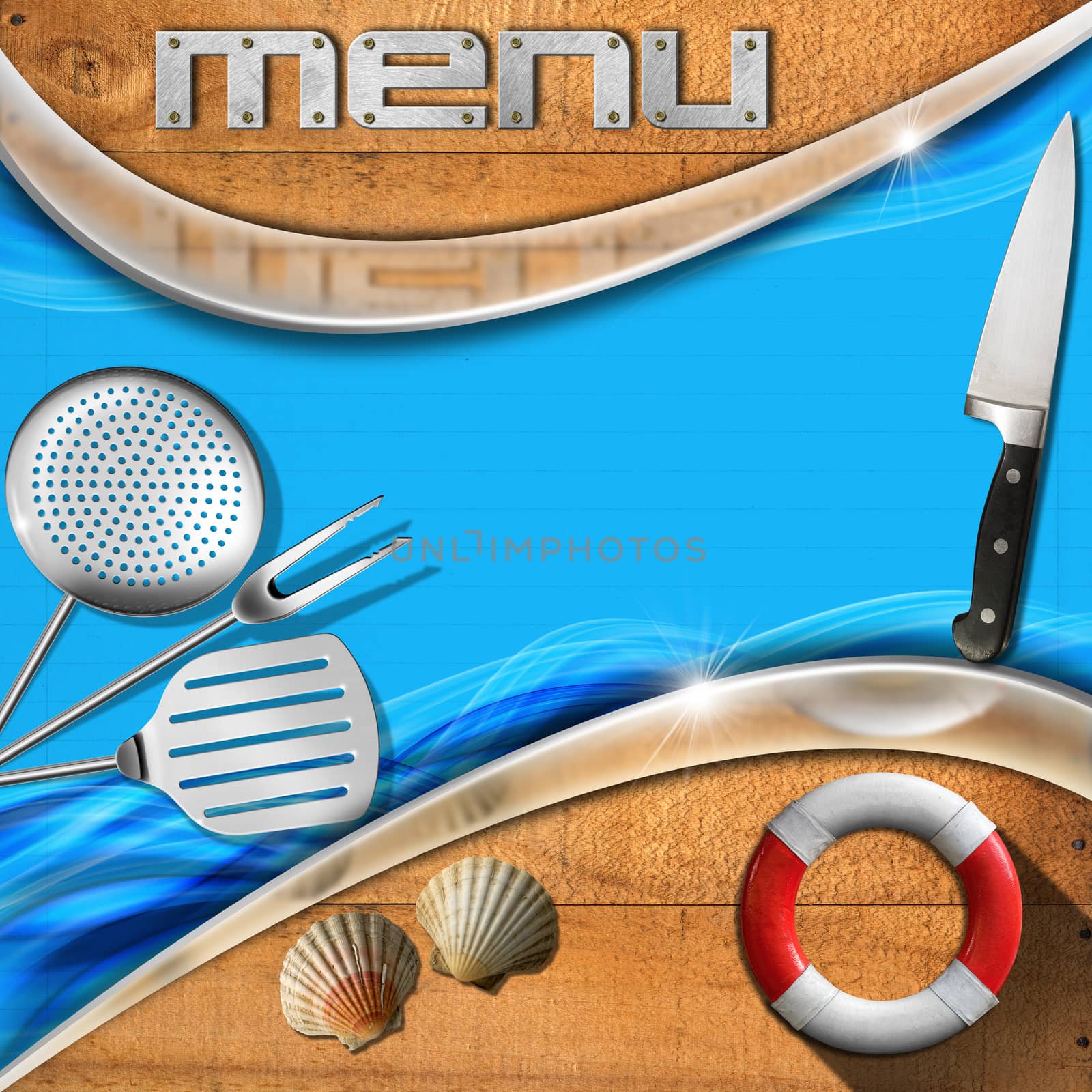 Wooden and blue background with stylized waves, kitchen utensils, seashells, written menu and lifebuoy. Template for recipes or a sea menu 
