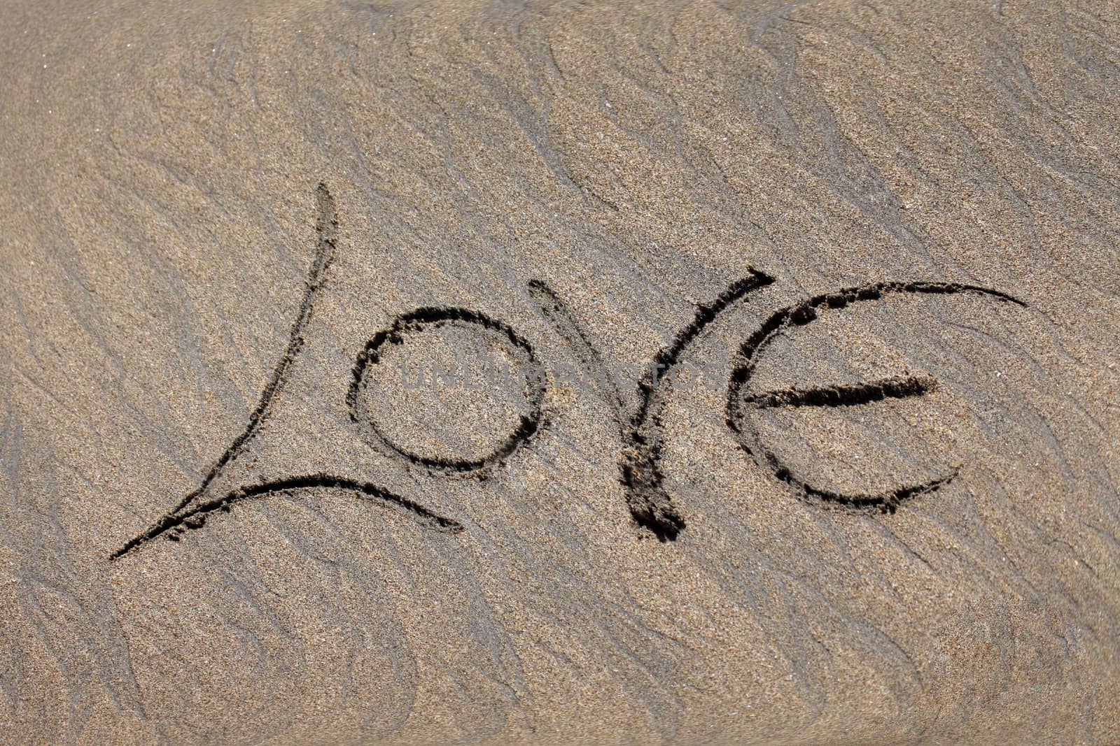 The word "love" is written by someone on sand