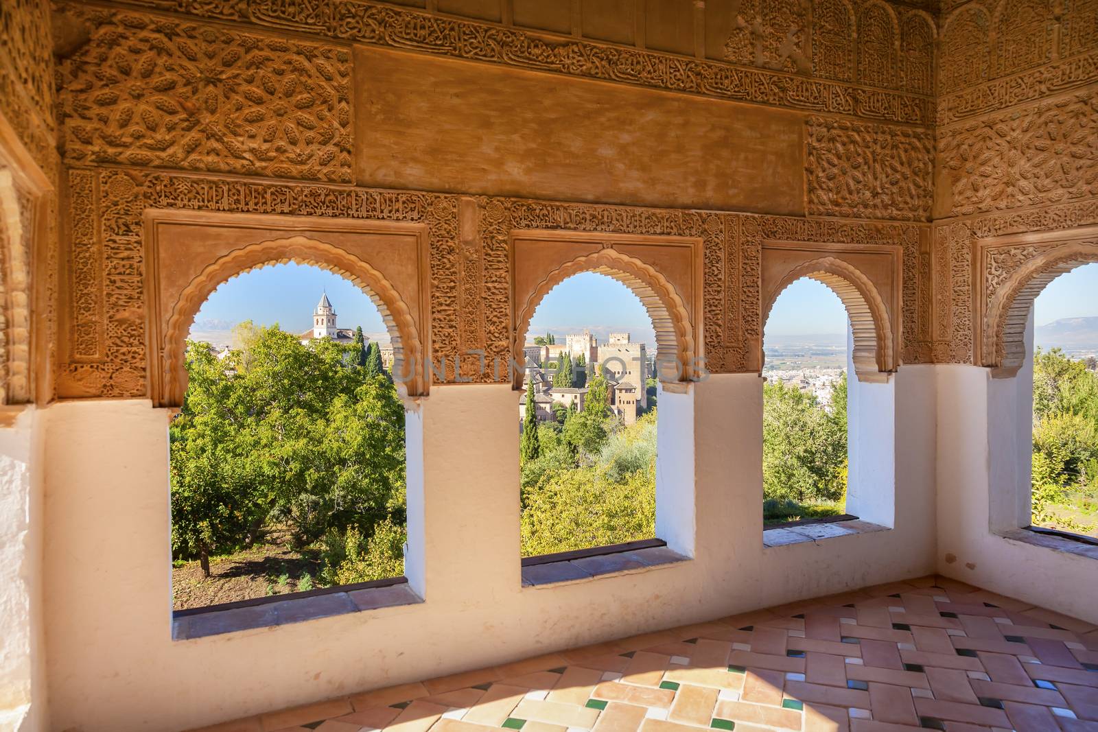 Alhambra Moorish Wall Windows Patterns Designs City View Granada Andalusia Spain.  