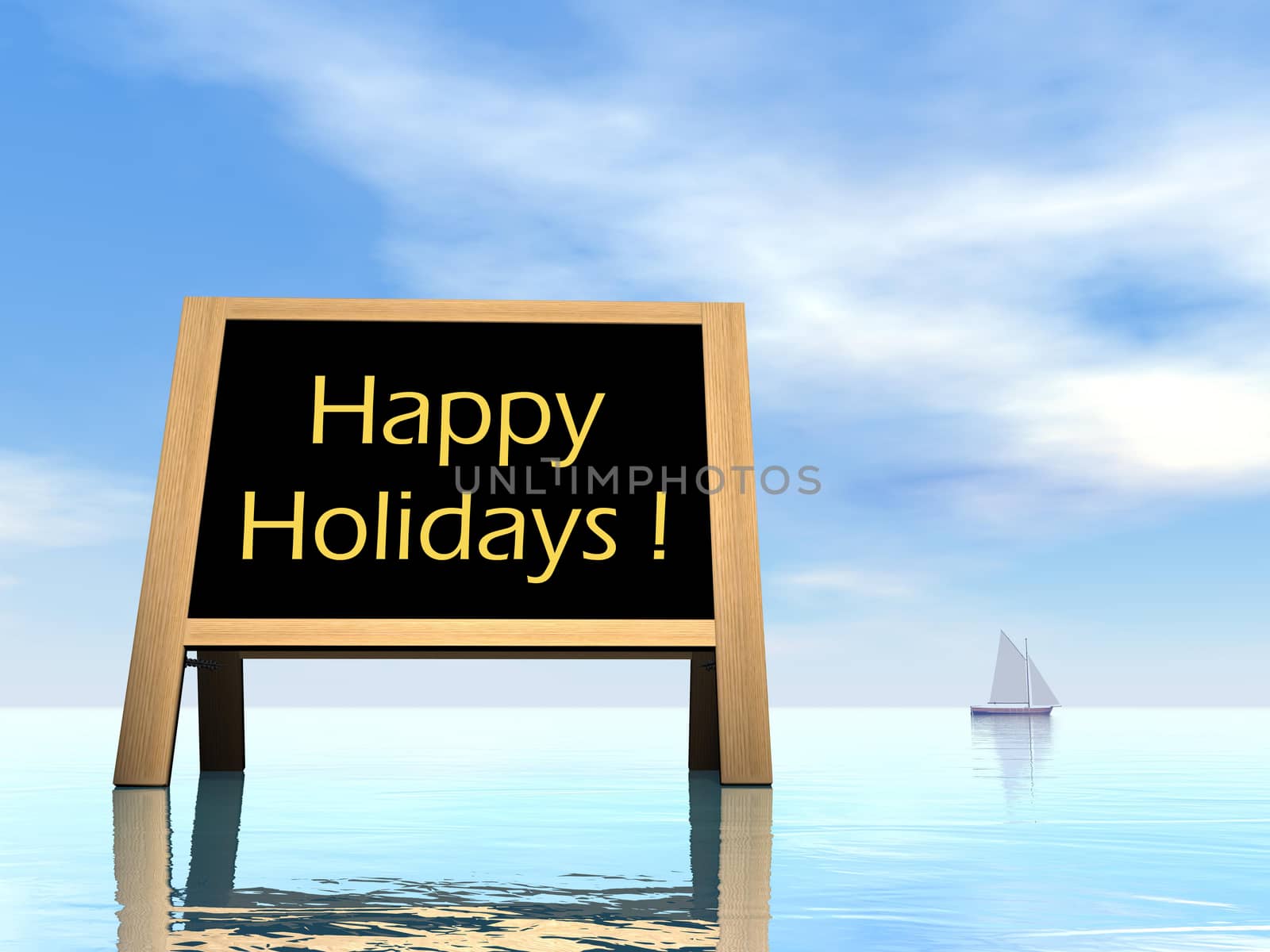 Blackboard wishing happy holidays upon water with sailing boat in the background by beautiful day - 3D render