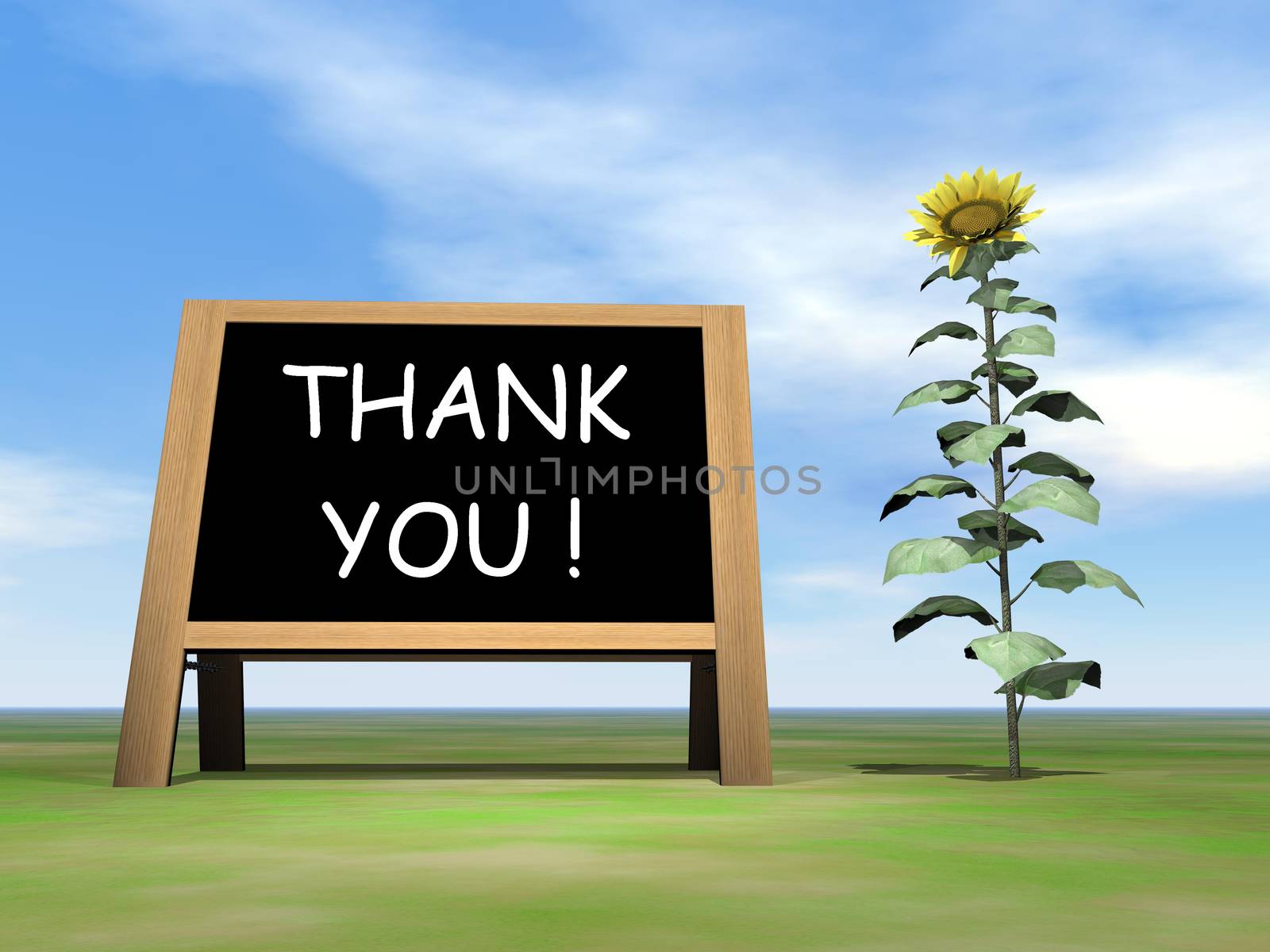 Blackboard saying thank you upon grass with sunflower by beautiful day - 3D render