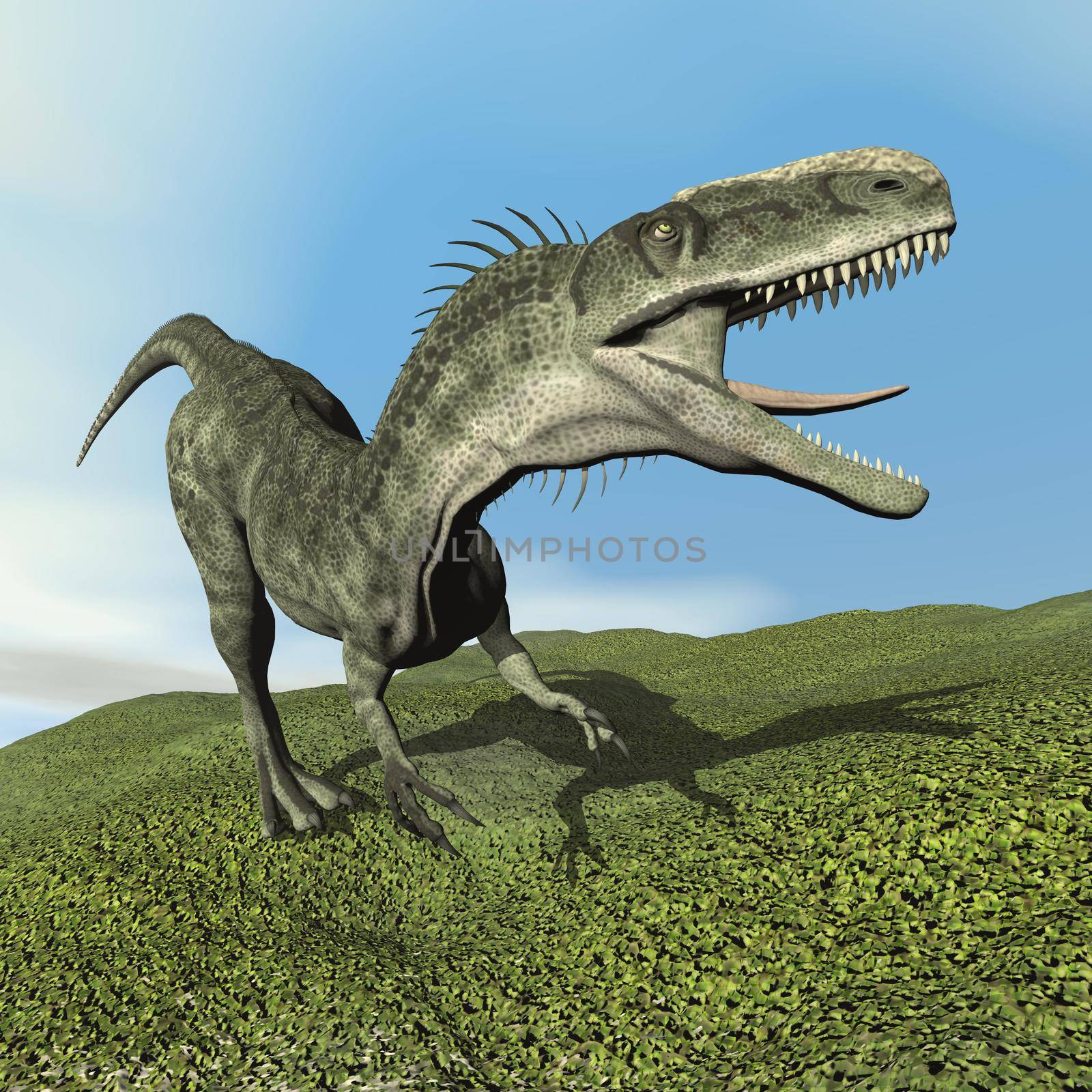 Monolophosaurus dinosaur walking on the grass by day - 3D render