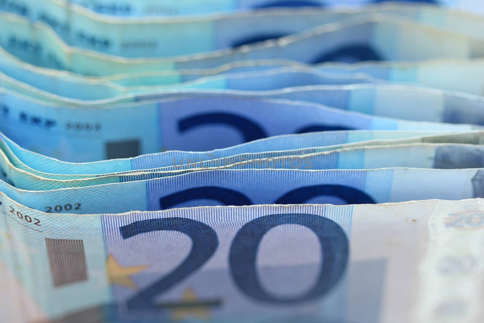 Close up of stacked 20 euro banknotes