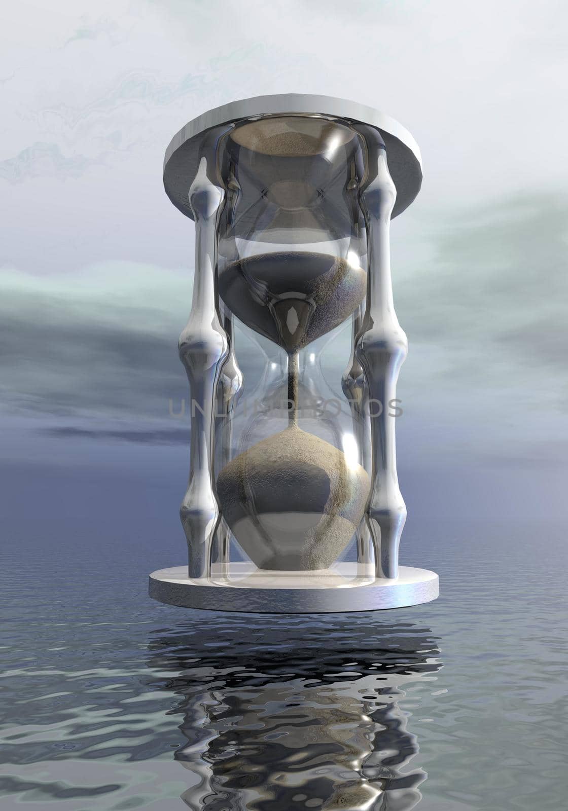 Big hourglass upon water by morning light - 3D render