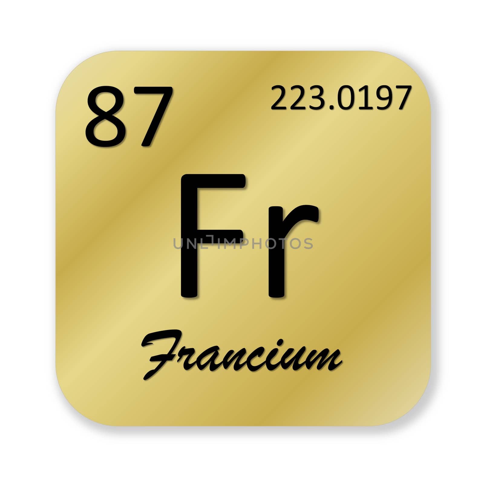 Black francium element into golden square shape isolated in white background