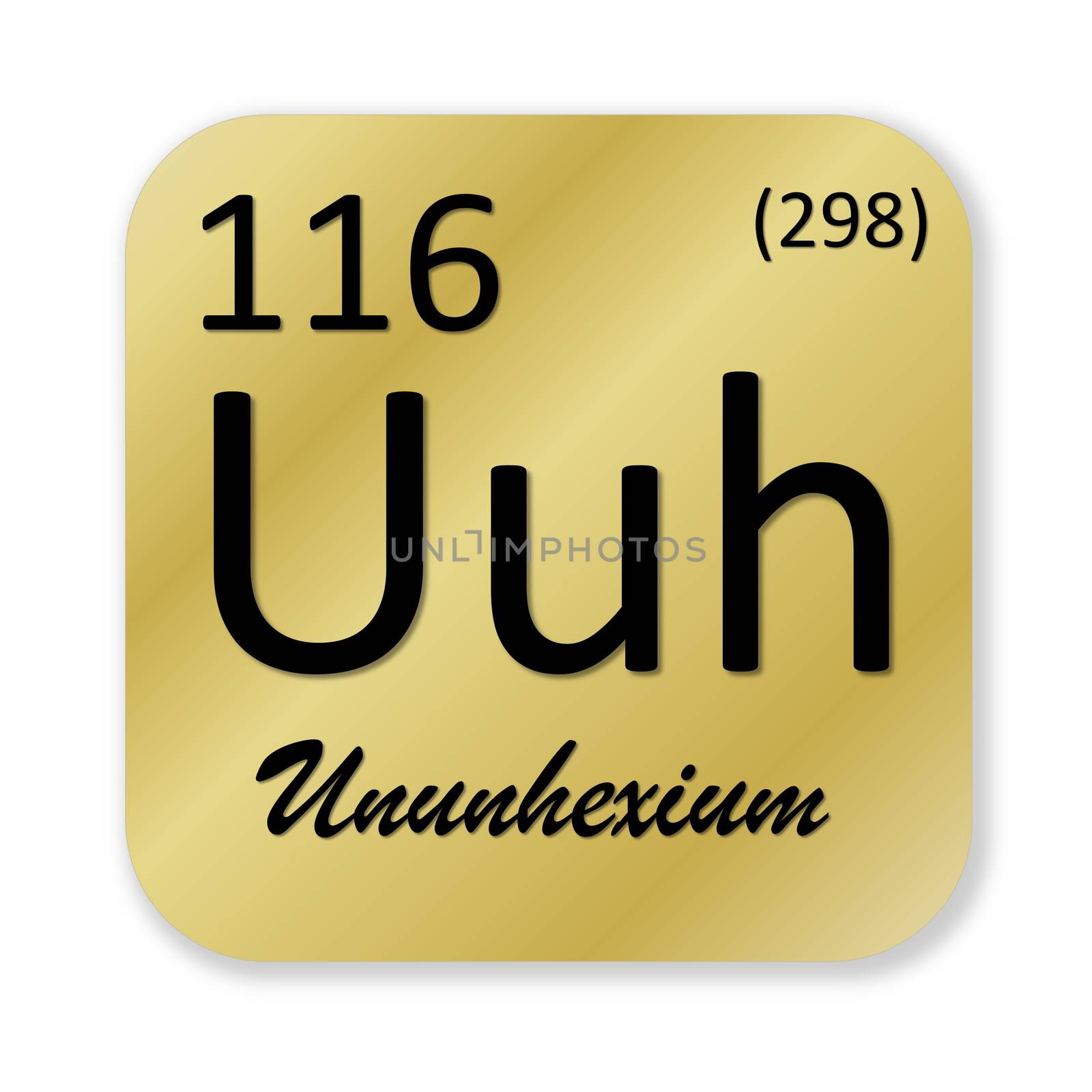 Black ununhexium element into golden square shape isolated in white background