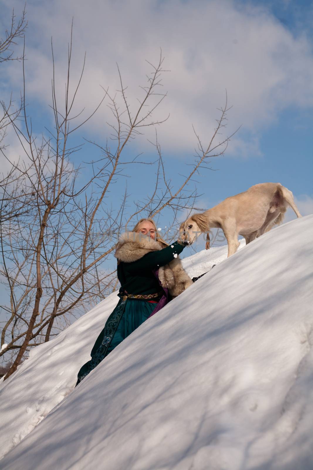 A blonde girl and a white saluki on snow
