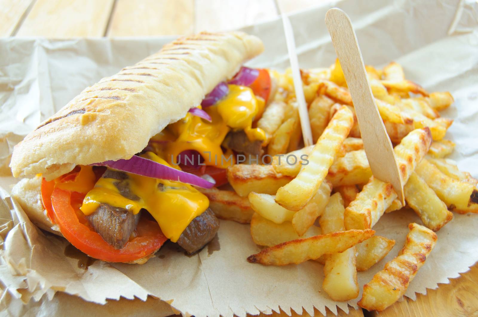 Philly cheese steak sandwich with fries 