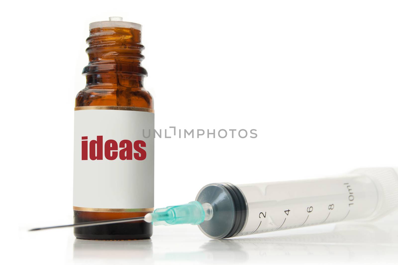 Metaphor for creativity with injection needle and  bottle labeled with idea 