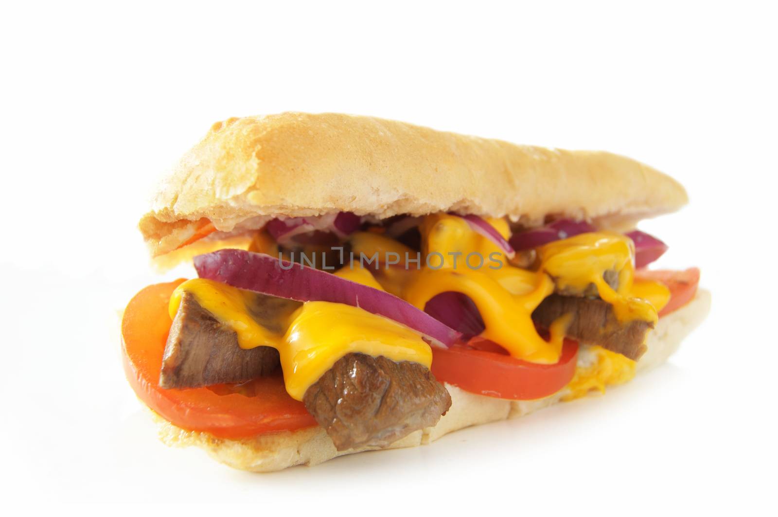 Beef steak sandwich melt over a white background
