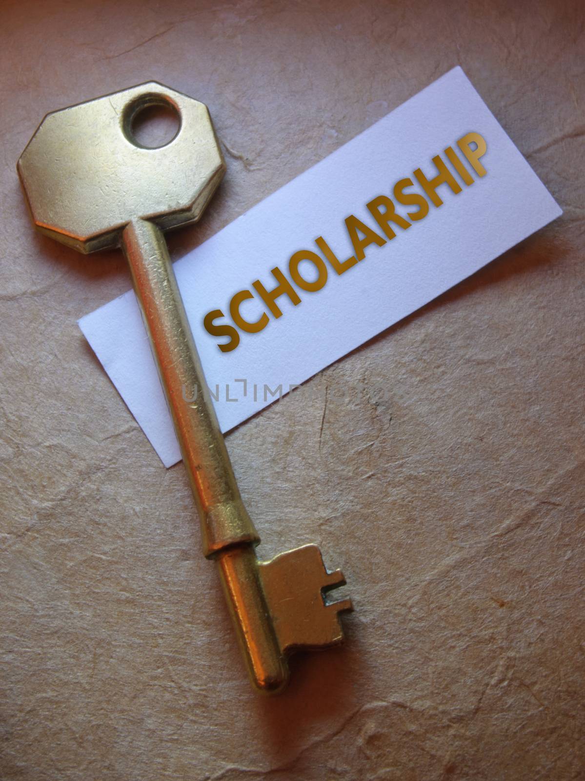 Scholarship label and golden key close up