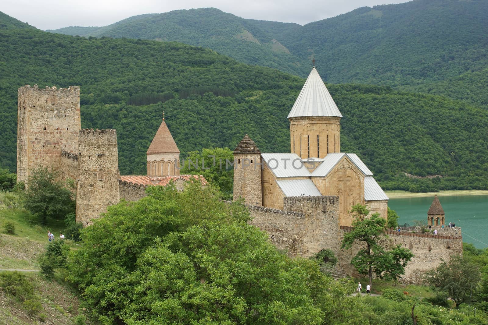 ANANURI, GEORGIA - JUNE 30, 2014: Panorama of Fortress Ananuri on June 30, 2014. The fortress is one of the sights along the Georgian Military Road, Georgia, Europe.