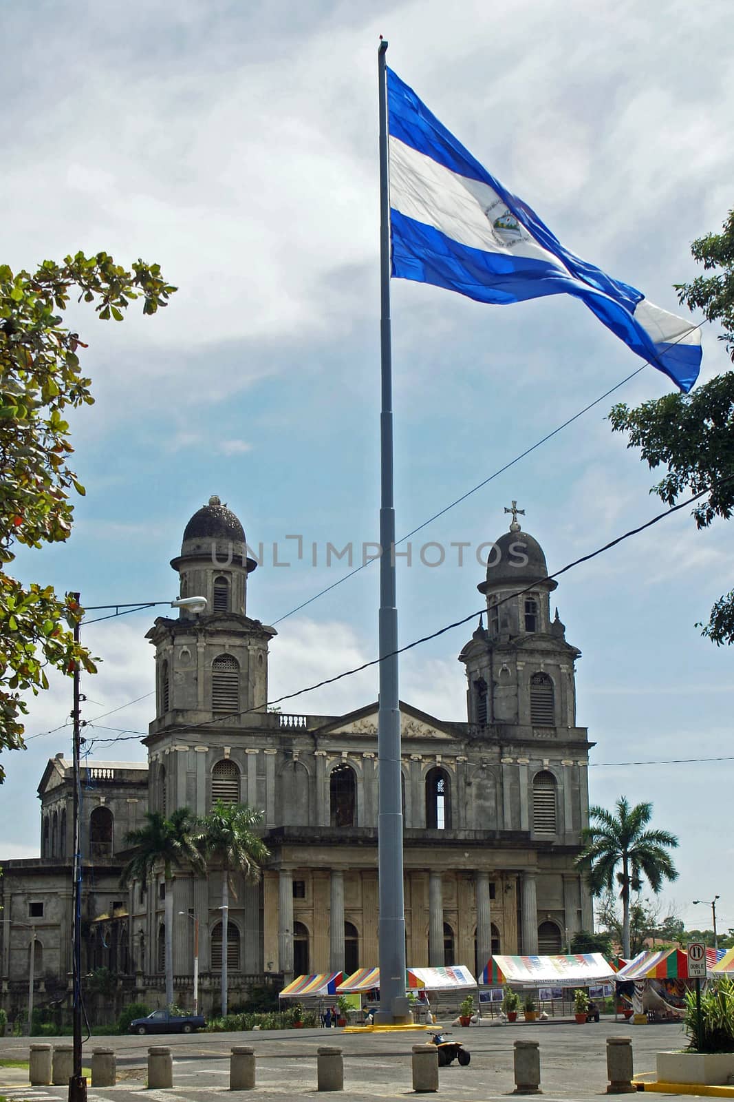 MANAGUA, NICARAGUA - NOVEMBER 10, 2007: Flagpole with Nicaraguan national flag and ruin of the cathedral in the background on November 10, 2007 in Managua, Nicaragua