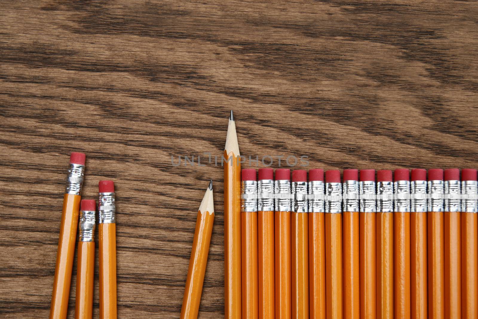 A row of red pencils on wood surface by Sandralise