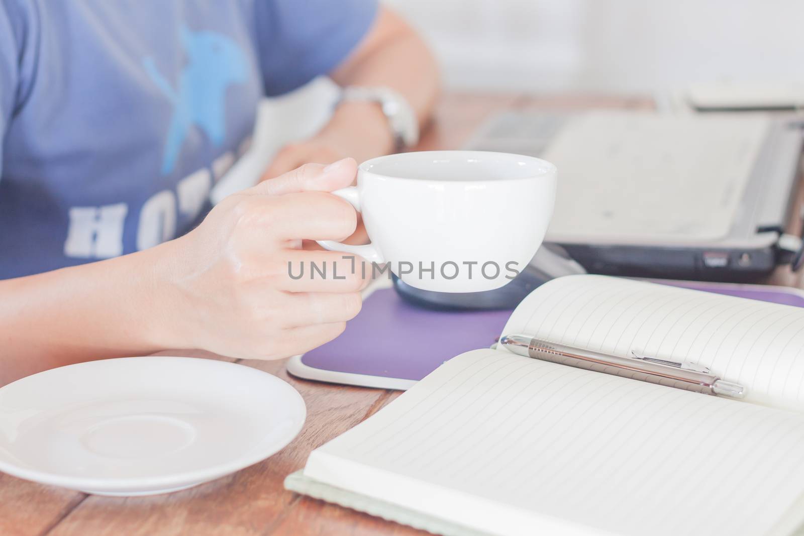 Work station in coffee shop, stock photo