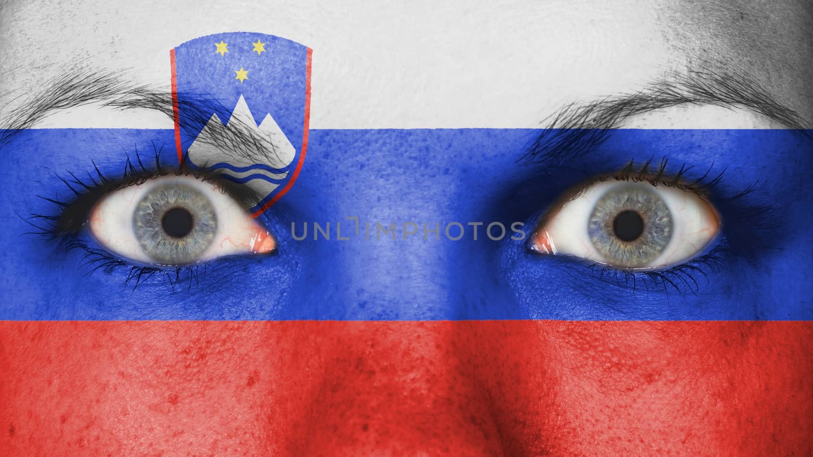 Women eye, close-up, blue eyes, flag of Slovenia