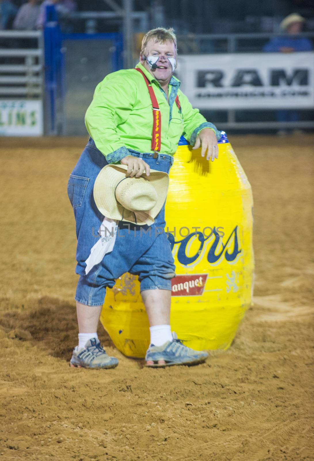 LOGANDALE , NEVADA - APRIL 10 : Rodeo Clown performing in the Clark County Fair and Rodeo a Professional Rodeo held in  Logandale Nevada , USA on April 10 2014 