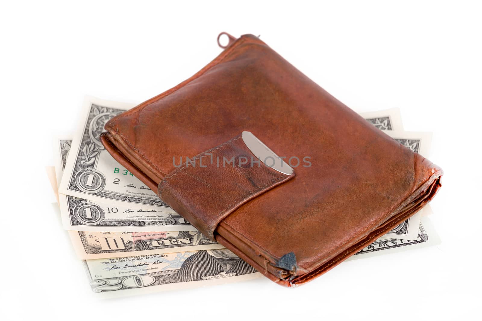leather wallet with money banknotes US dolars nominal value one, five, ten and twenty isolated on white