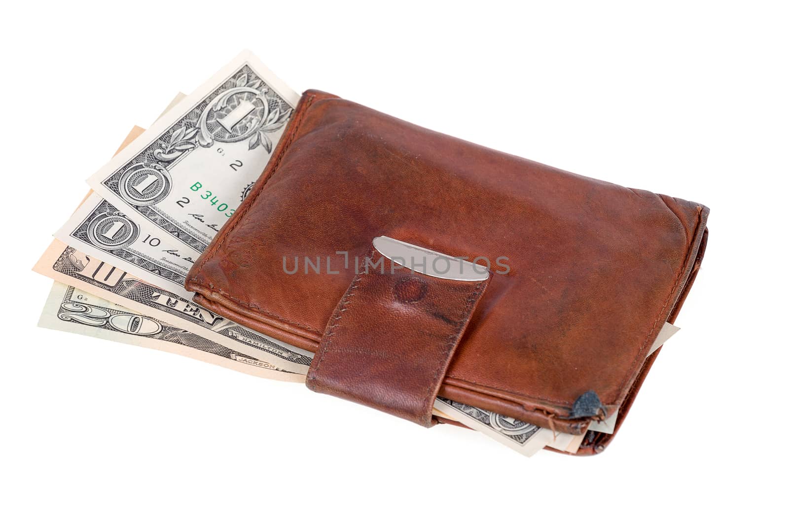 leather wallet with money banknotes US dolars nominal value one, five, ten and twenty isolated on white