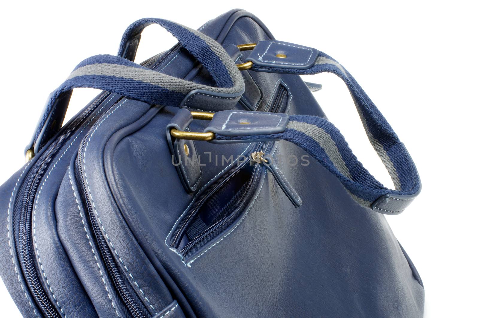 Blue Leather Sporty Bag with Gold Details and Striped Handles Cross Section on white background