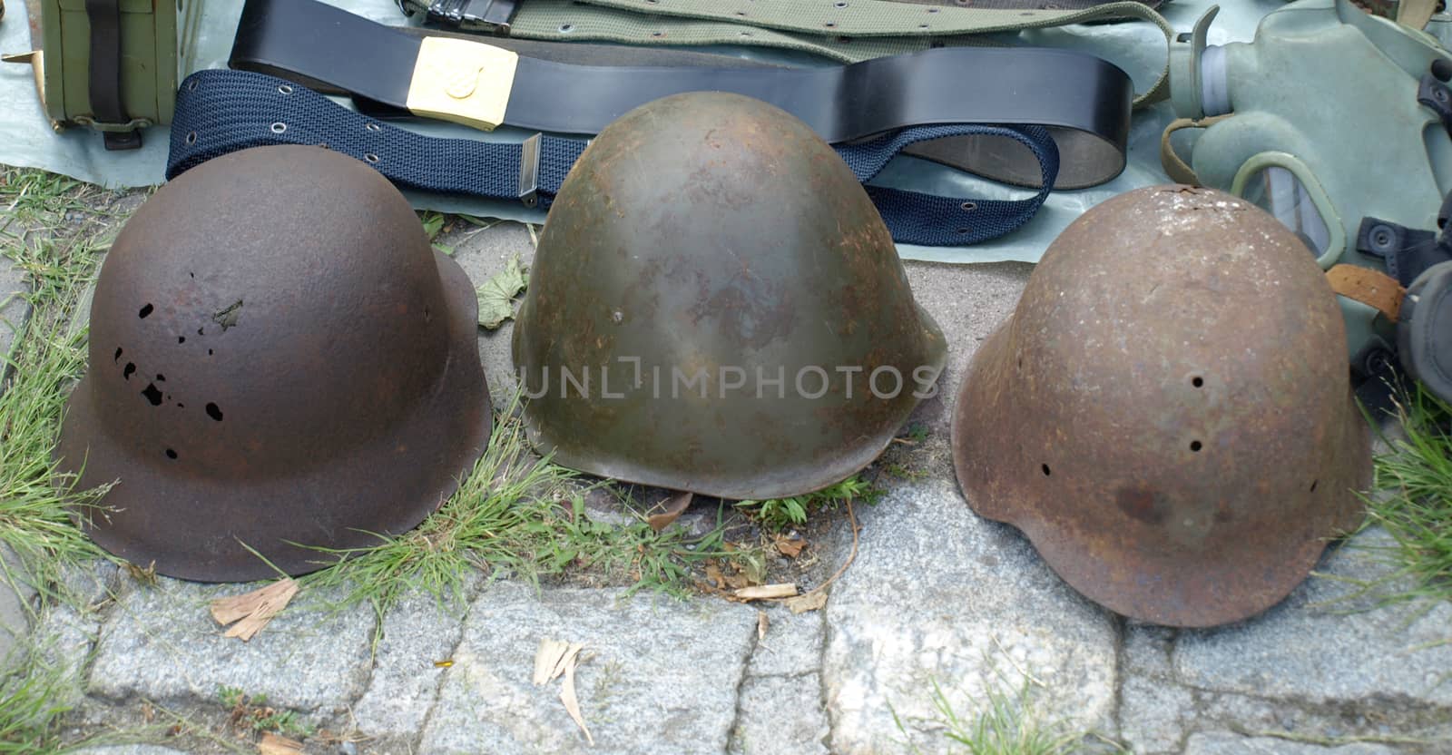 Military helmets exhibited at the fair for sale   