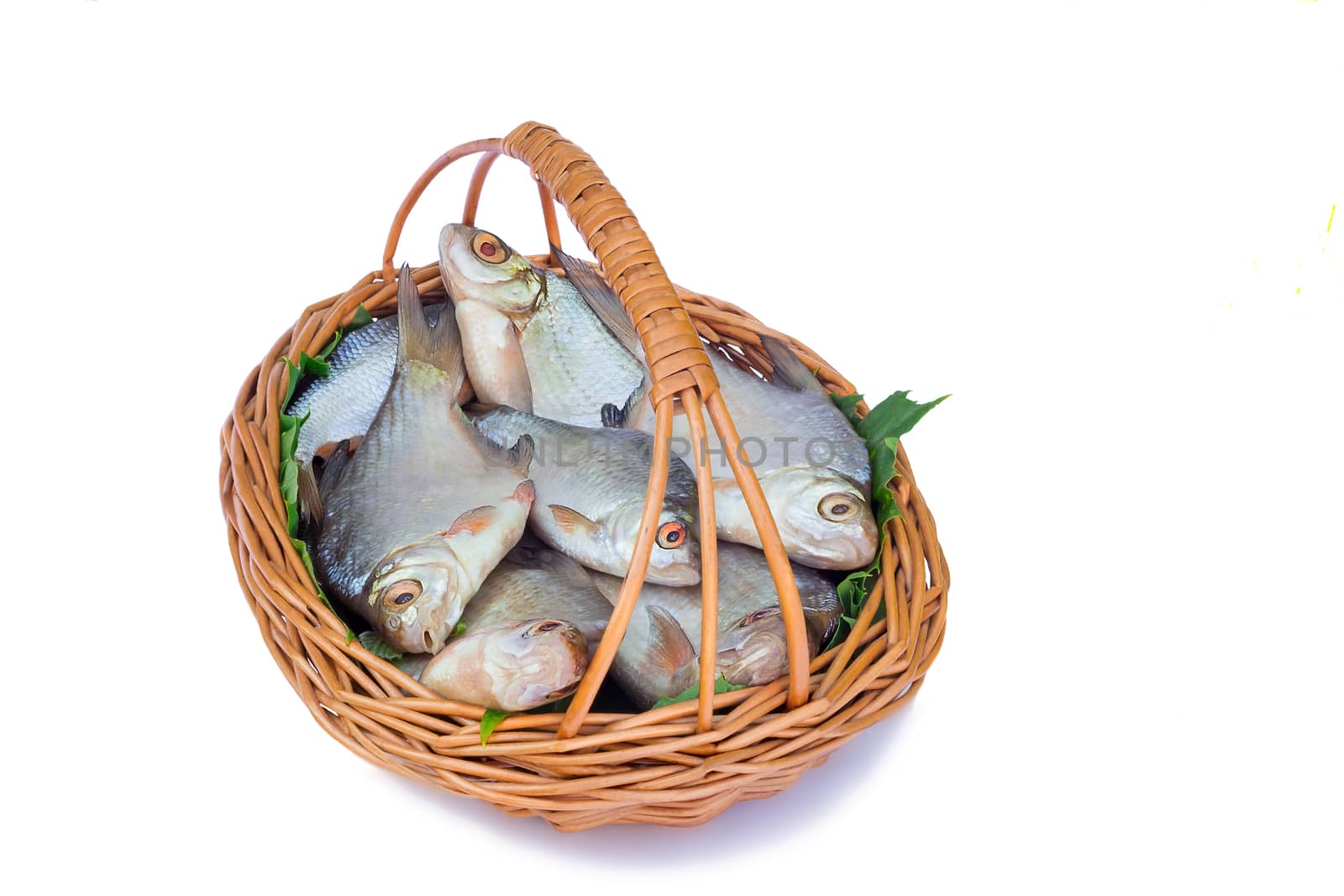 Wattled basket with hooked fish on a white background. by georgina198