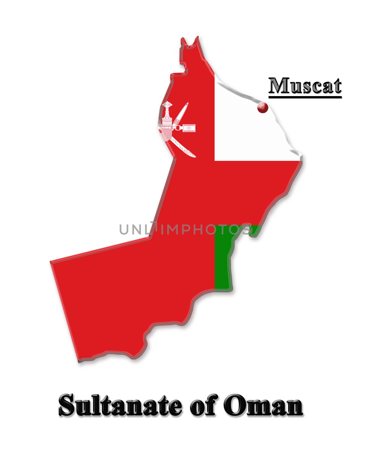 Map of Sultanate of Oman in colors of its flag isolated on white