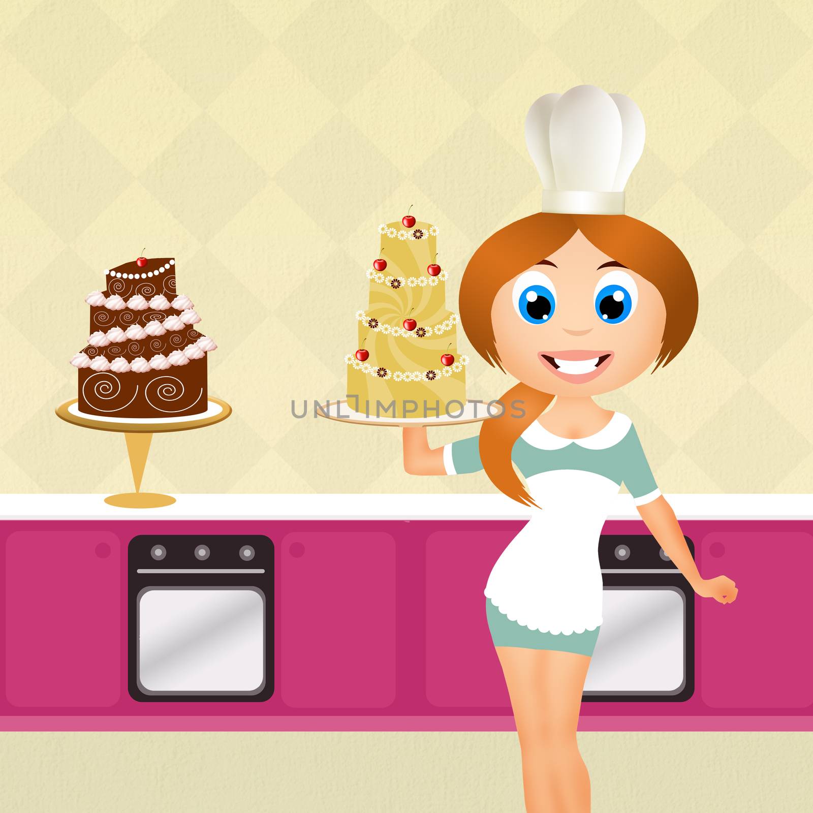 illustration of woman cooking cakes