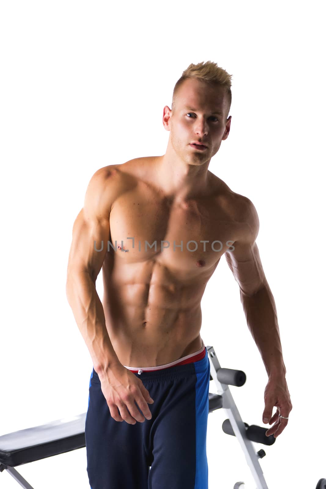 Portrait of a handsome blond muscular young man next to gym bench, isolated over a white background