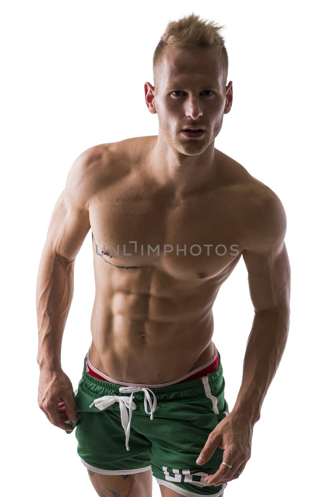 Sexy portrait of a very muscular blond shirtless male model isolated on white