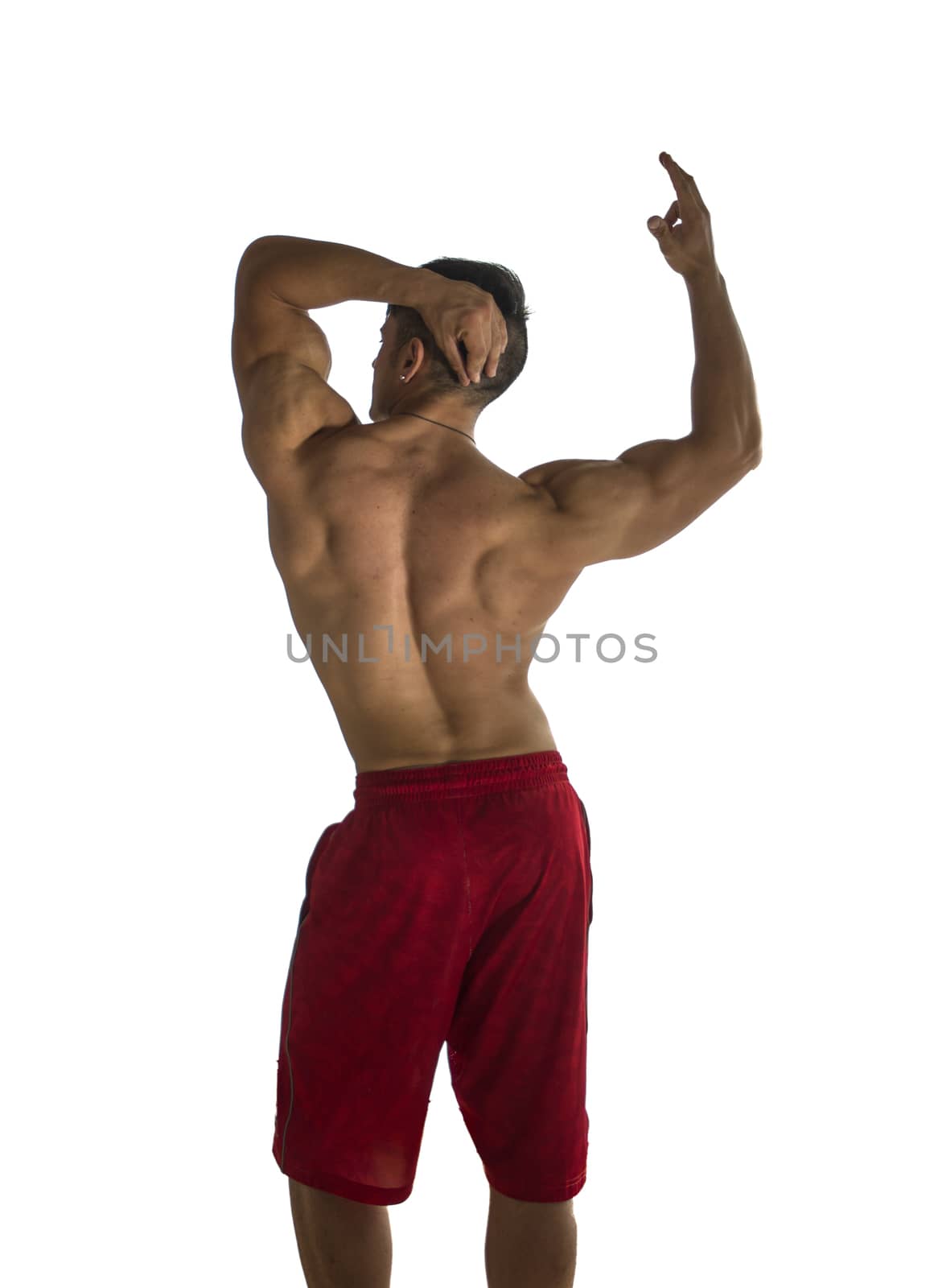 Bodybuilder strong athletic muscle man, sport guy showing his back muscles, standing isolated over white background