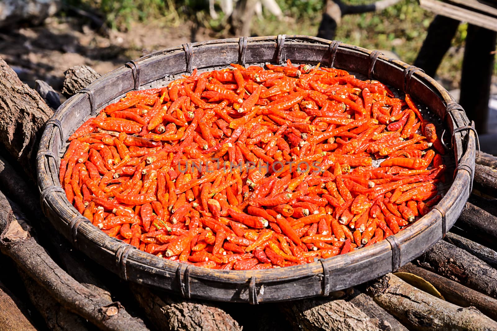 Chili dried in the bamboo basket by NuwatPhoto