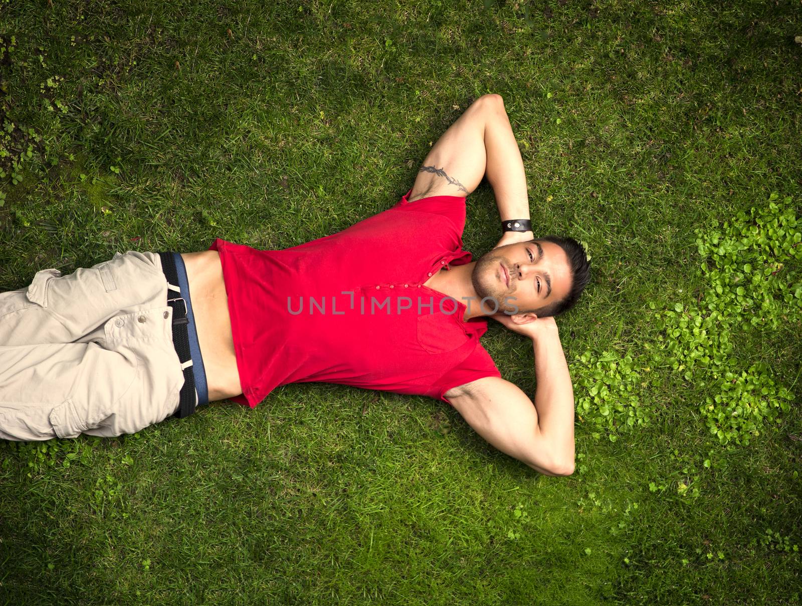 Good looking, fit male model relaxing lying on the grass, looking at camera, photographed right from above