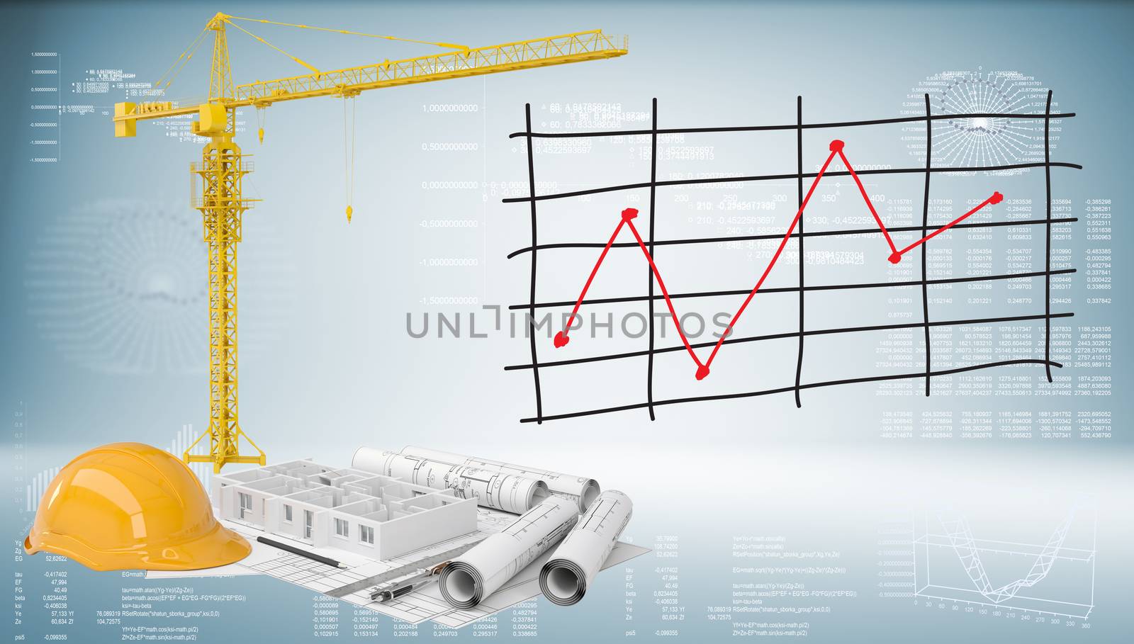 Drawings, tower crane, helmet, building walls and graph of price changes