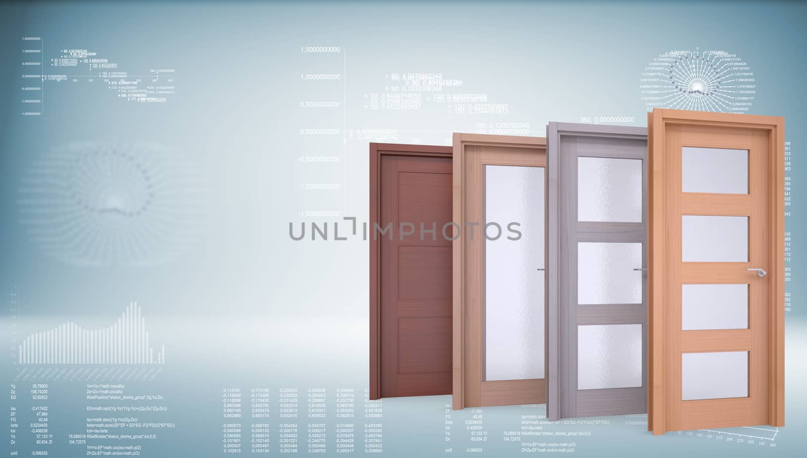 Four wooden doors. Graphs and texts as backdrop