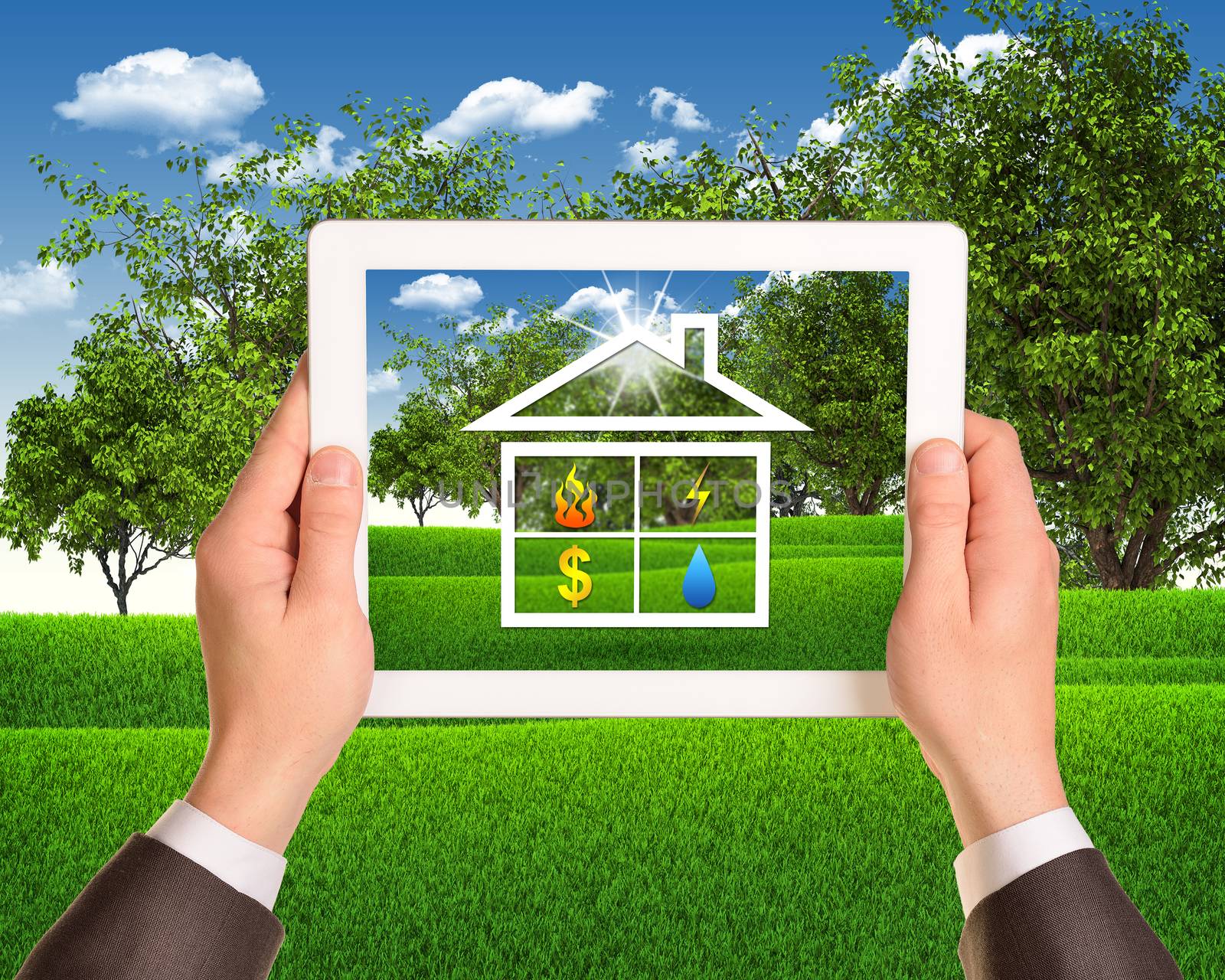 Hands hold tablet pc with symbols of public service and house. Landscape as backdrop