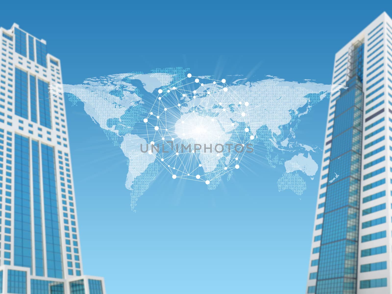 World map with skyscrapers and wire-frame sphere. Business concept