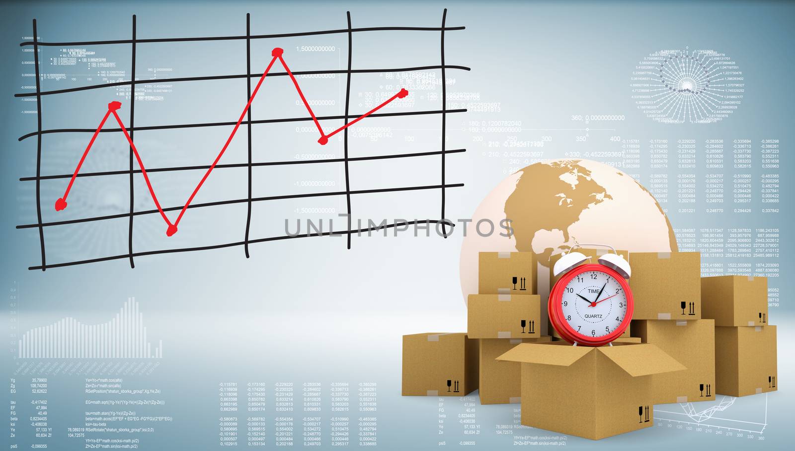 Earth, alarm clock, cardboard boxes with graph of price changes. Graphs and texts as backdrop