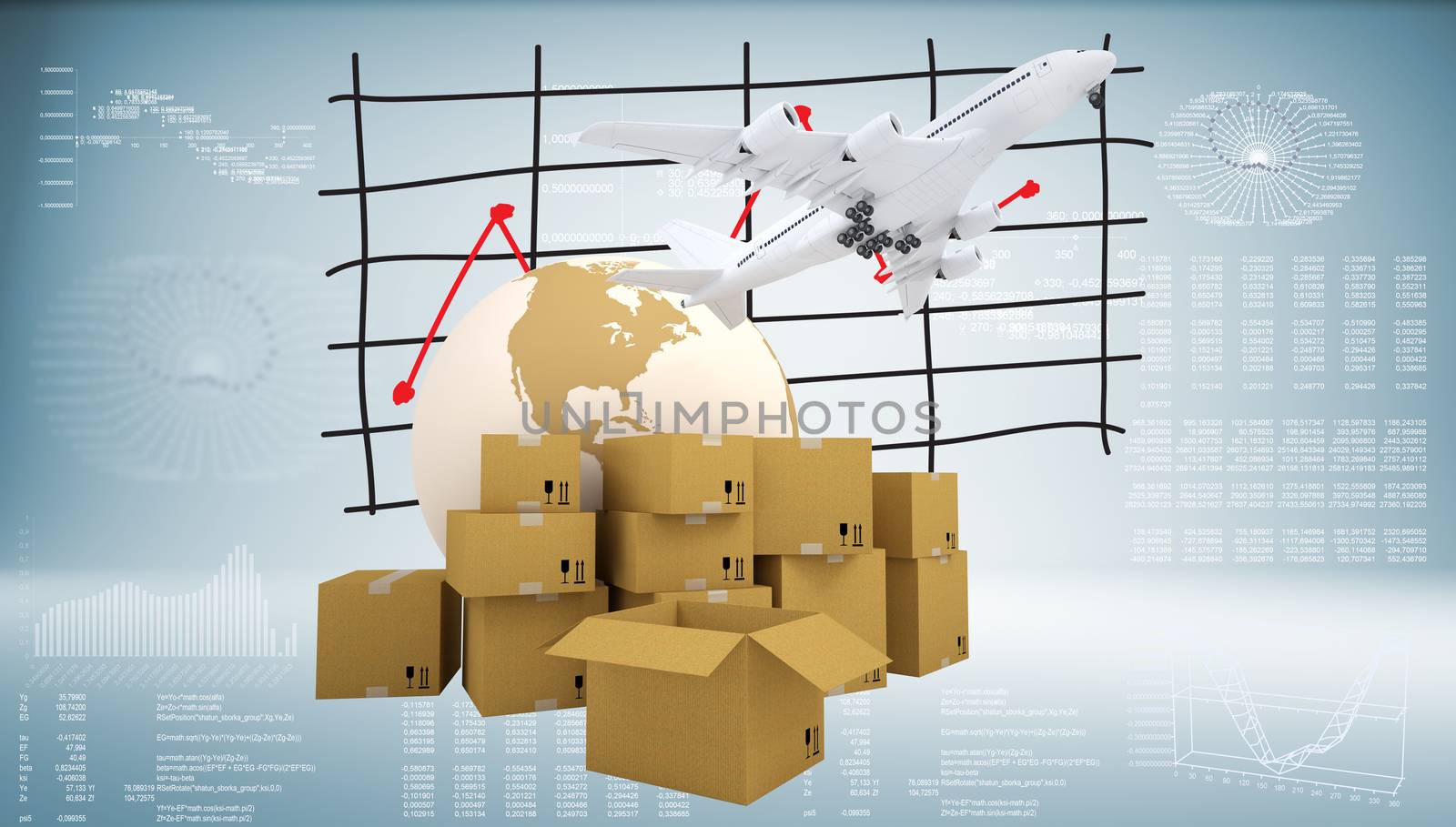 Earth, airplane, cardboard boxes with graph of price changes. Graphs and texts as backdrop