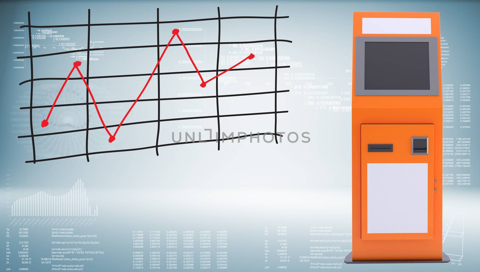 Digital touchscreen terminal and graph of price changes. Graphs as backdrop