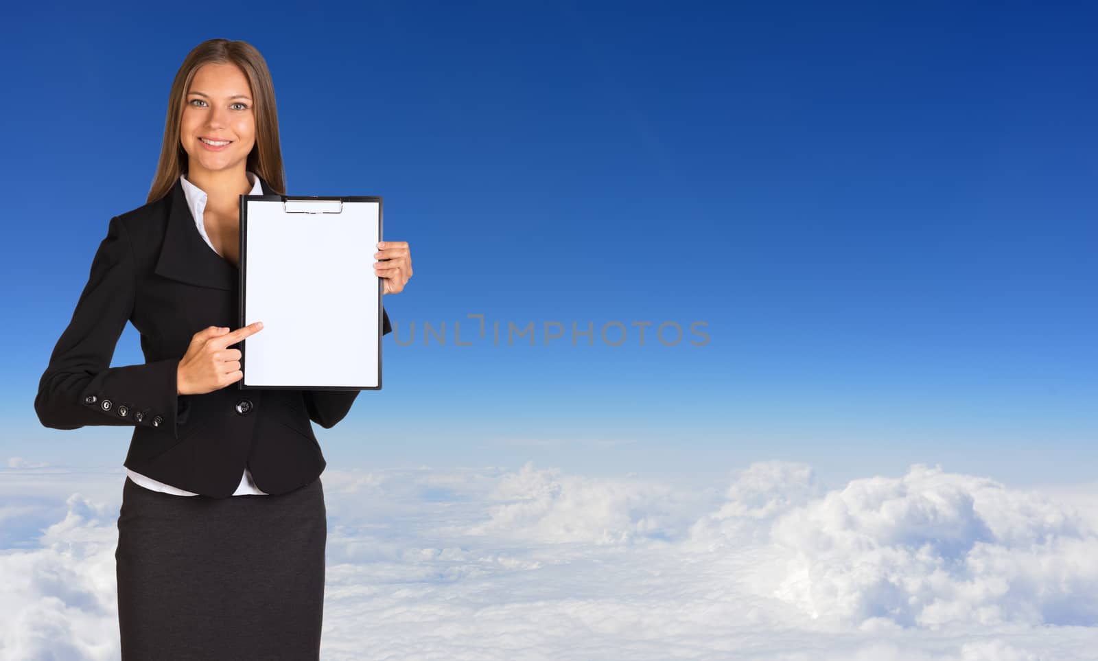 Businesswoman holding paper holder. Blue sky and clouds. View from an airplane