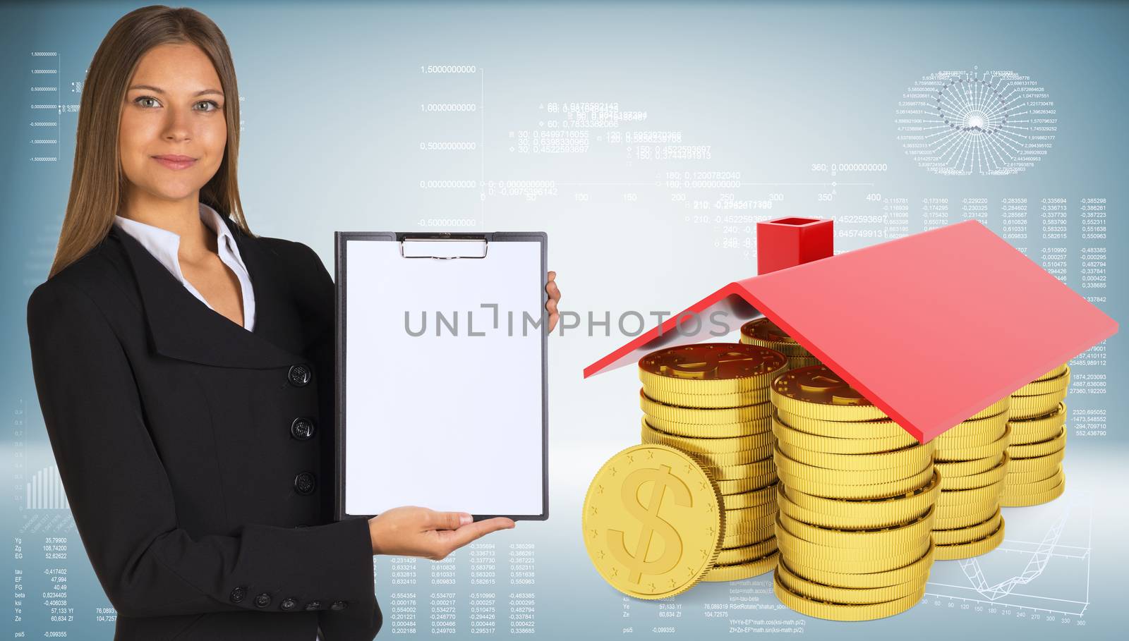 Businesswoman hold paper holder. Conceptual house made from coins. Graphs and texts as backdrop