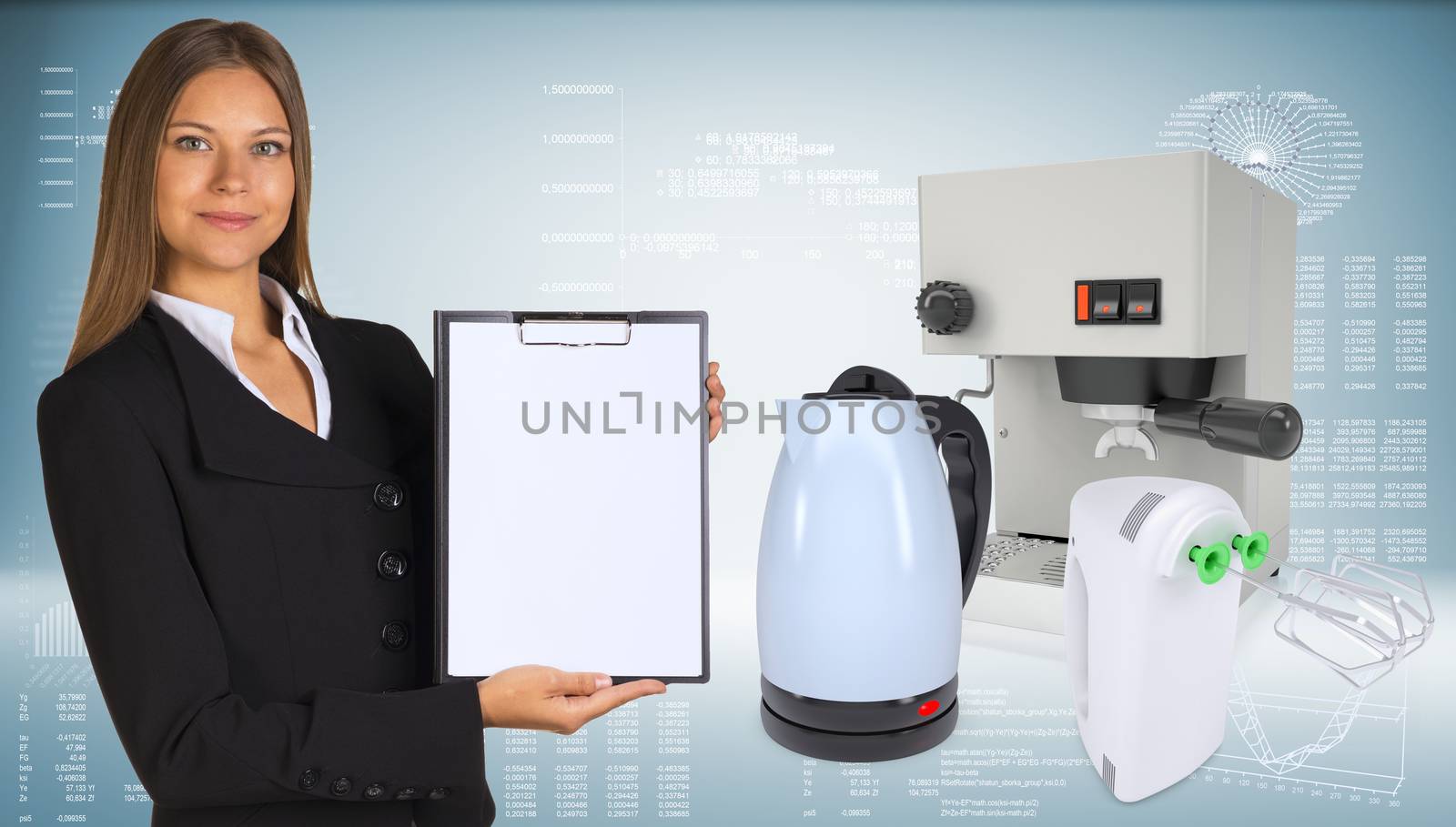 Businesswoman hold paper holder. Coffee machine, kettle and blender