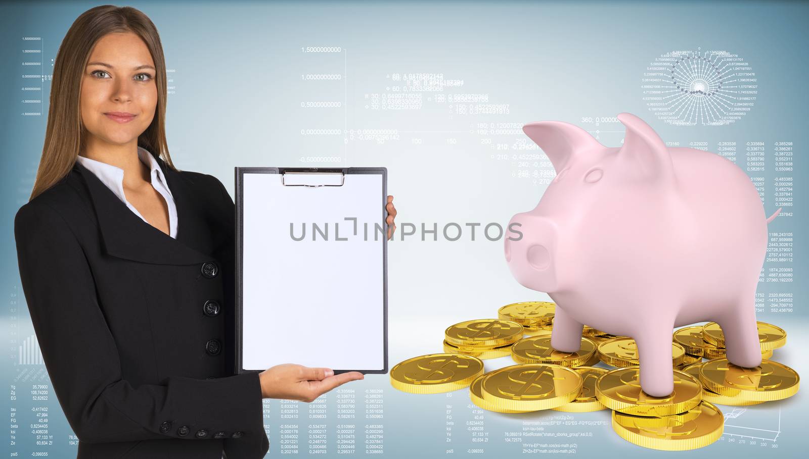 Businesswoman hold paper holder. Piggy bank with gold coins. Graphs and texts as backdrop